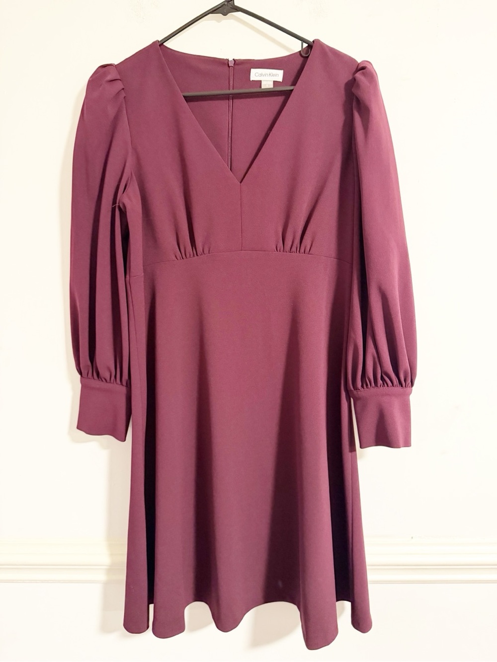 Calvin Klein Purple V-Neck Long Sleeve Bishop Sleeve A-Line Dress Size 12